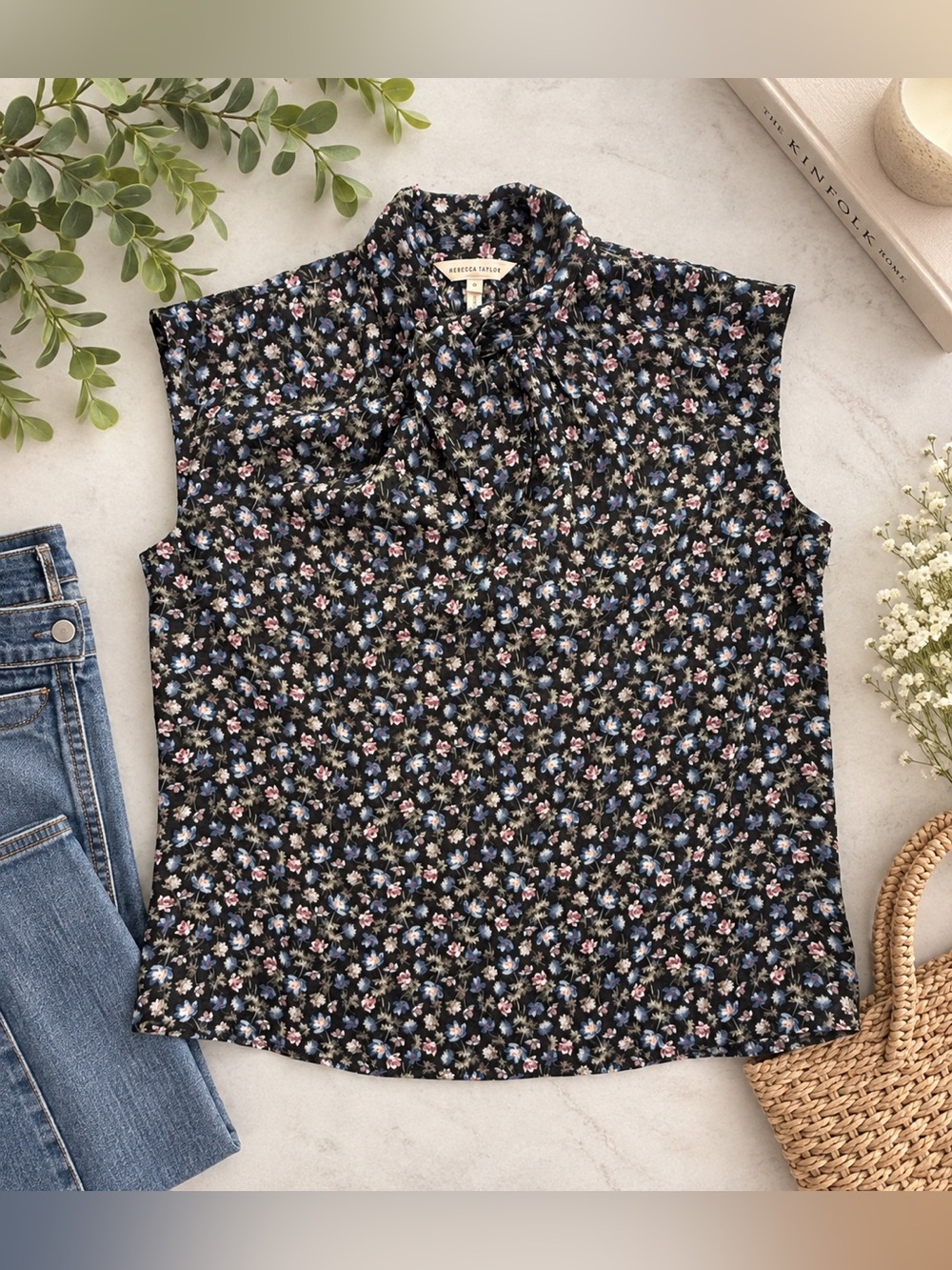 Rebecca Taylor 80% Silk Floral Sleeveless Blouse Black Blue Pink Size 0